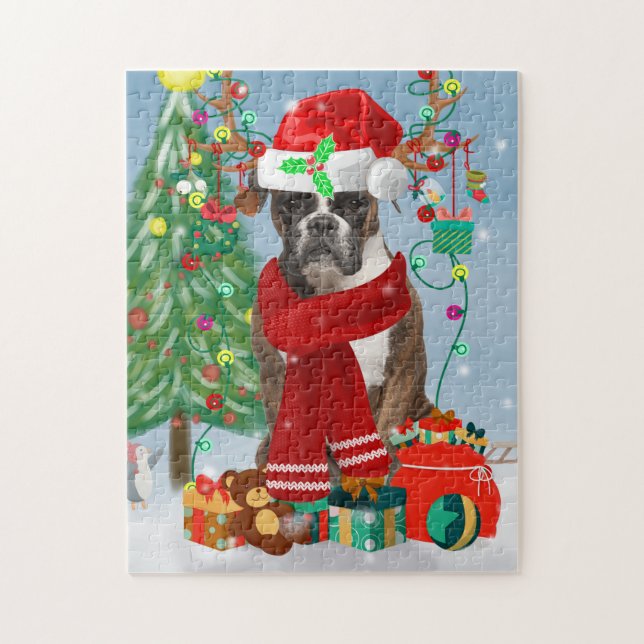 Boxer Dog in Snow with Christmas Gifts  Jigsaw Puzzle (Vertical)