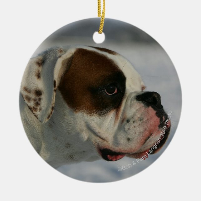 Boxer Dog in the Snow Ceramic Tree Decoration (Front)