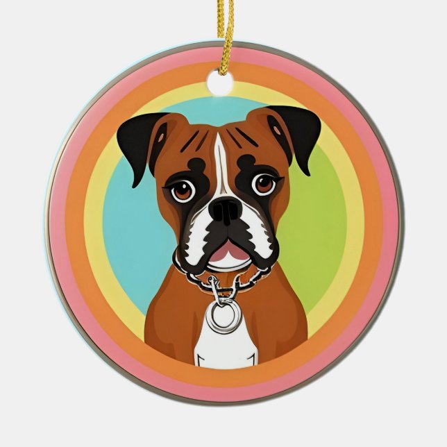 Boxer Dog in Vibrant Circular Frame Ceramic Tree Decoration (Front)