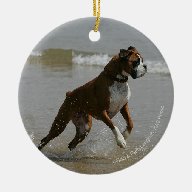 Boxer Dog in Water Ceramic Tree Decoration (Front)