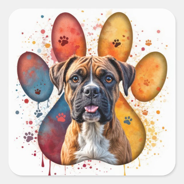 Boxer Dog In Watercolor Pawprint Square Sticker (Front)