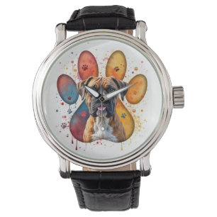 Boxer Dog In Watercolor Pawprint Watch