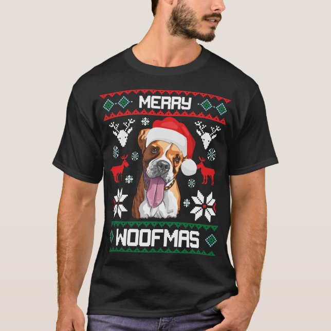 Boxer Dog Merry Woofmas Christmas Gift T-Shirt (Front)