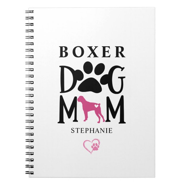 Boxer Dog Mum Pawprint Heart Custom Name Notebook (Front)