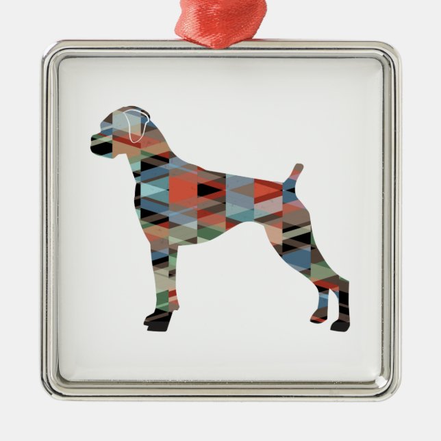 Boxer Dog Natural Ears Geo Silhouette Plaid Metal Tree Decoration (Front)