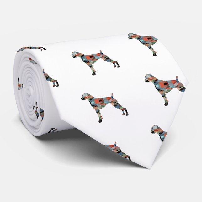 Boxer Dog Natural Ears Geo Silhouette Plaid Tie (Rolled)