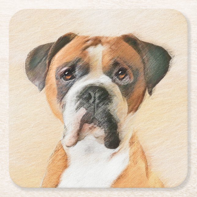 Boxer Dog Painting Uncropped Original Animal Art Square Paper Coaster (Front)
