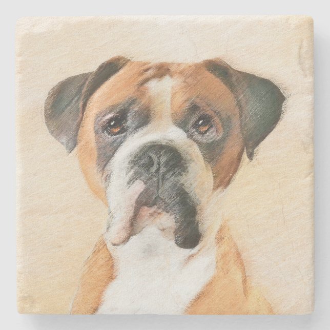 Boxer Dog Painting Uncropped Original Animal Art Stone Coaster (Front)