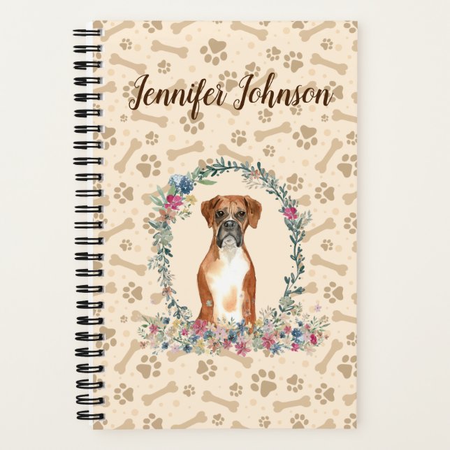 Boxer Dog Paw Print & Floral Cute Notebook (Front)