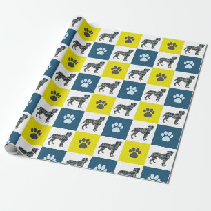 Boxer Dog & Paw Yellow & Black Grid Line Wrapping Paper