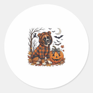 Boxer Dog Plaid Hoodie Halloween Pumpkin Bats_1 Classic Round Sticker
