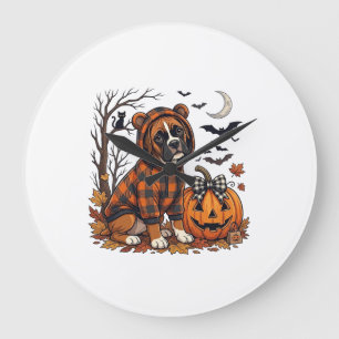 Boxer Dog Plaid Hoodie Halloween Pumpkin Bats_1 Large Clock