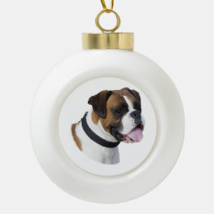 Boxer dog portrait photo ceramic ball christmas ornament