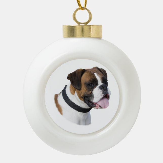Boxer dog portrait photo ceramic ball christmas ornament (Front)