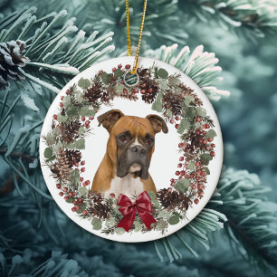 Boxer Dog Red Bow Pinecone Wreath Personalised Ceramic Tree Decoration