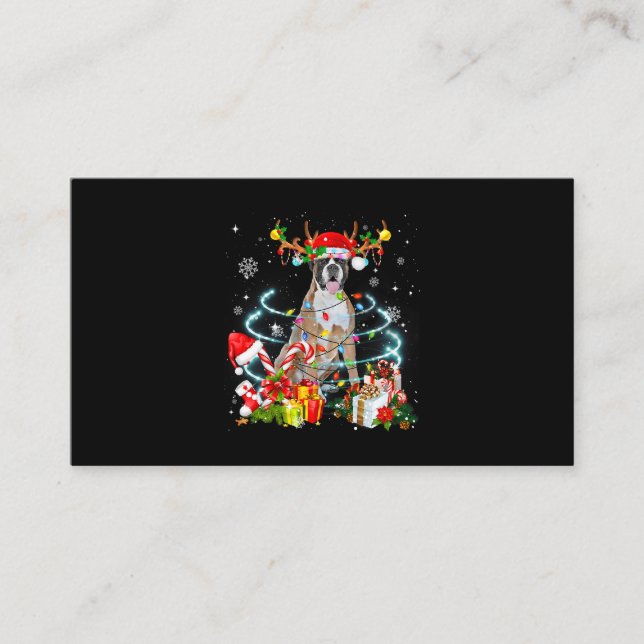 Boxer Dog Reindeer Christmas Tree Lights Pajama Xm Business Card (Front)