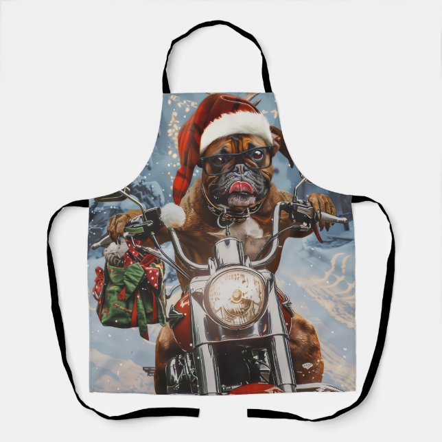 Boxer Dog Riding Motorcycle Christmas  Apron (Front)