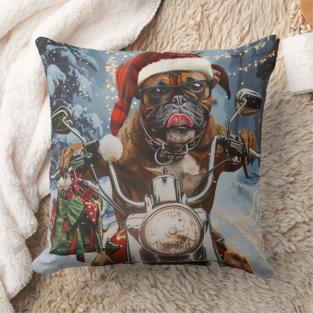 Boxer Dog Riding Motorcycle Christmas  Cushion (Blanket)
