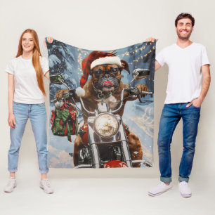 Boxer Dog Riding Motorcycle Christmas  Fleece Blanket