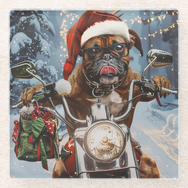 Boxer Dog Riding Motorcycle Christmas  Glass Coaster (Front)