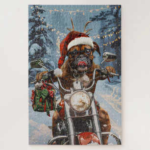 Boxer Dog Riding Motorcycle Christmas  Jigsaw Puzzle