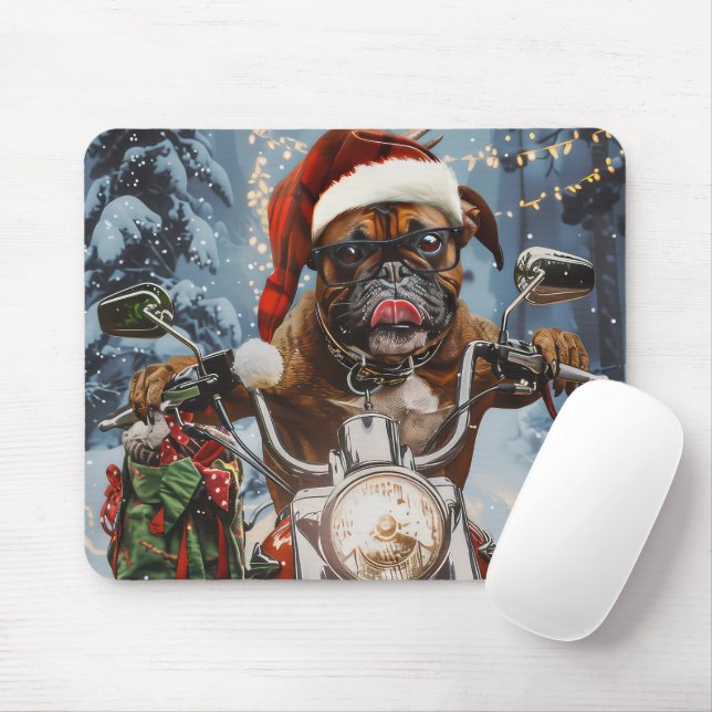 Boxer Dog Riding Motorcycle Christmas  Mouse Mat (With Mouse)