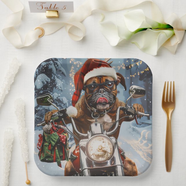 Boxer Dog Riding Motorcycle Christmas  Paper Plate (Wedding)