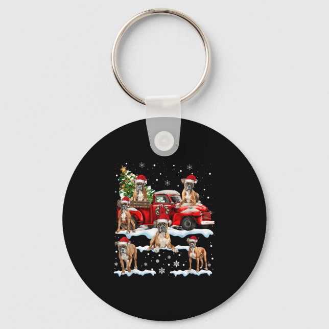 Boxer Dog Riding Red Truck Ugly Sweater Merry Chri Key Ring (Front)