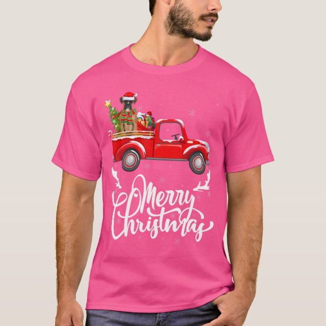 Boxer Dog Riding Red Truck Xmas Tree Boxer Merry C T-Shirt (Front)