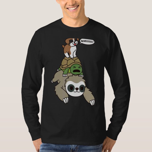 Boxer Dog Riding Sloth Tortoise T-Shirt (Front)