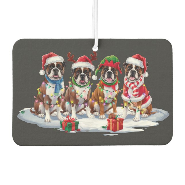 Boxer dog Santa hat antlers elf Christmas lights  Car Air Freshener (Front)