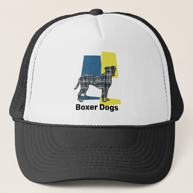 Boxer Dog Silhouette Tricolour Grid Trucker Hat (Front)
