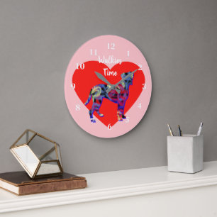 Boxer Dog Silhouette Valentine’s Day Pink Large Clock