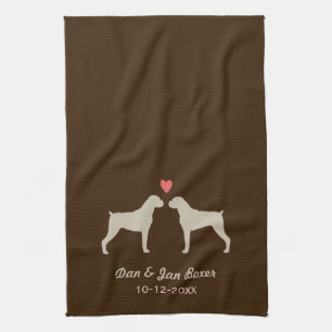 Boxer Dog Silhouettes with Heart and Text Tea Towel