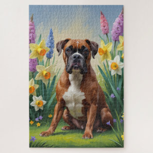 Boxer Dog Spring Flowers Painting Jigsaw Puzzle