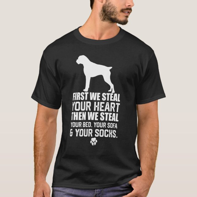 Boxer dog Steal Your Heart Steal Your Bed sofa T-Shirt (Front)