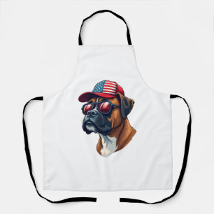 Boxer Dog Wearing White Red Blue Apron