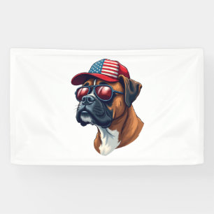 Boxer Dog Wearing White Red Blue Banner