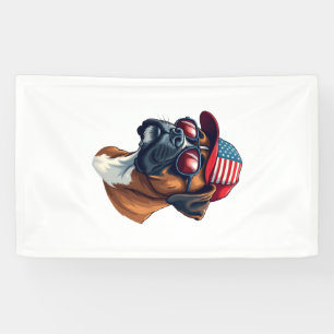 Boxer Dog Wearing White Red Blue Banner
