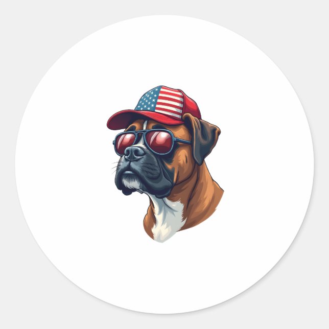 Boxer Dog Wearing White Red Blue Classic Round Sticker (Front)