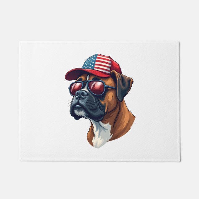 Boxer Dog Wearing White Red Blue Doormat (Front)