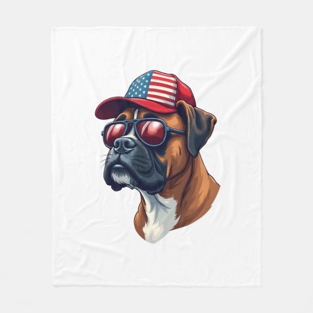 Boxer Dog Wearing White Red Blue Fleece Blanket (Front)