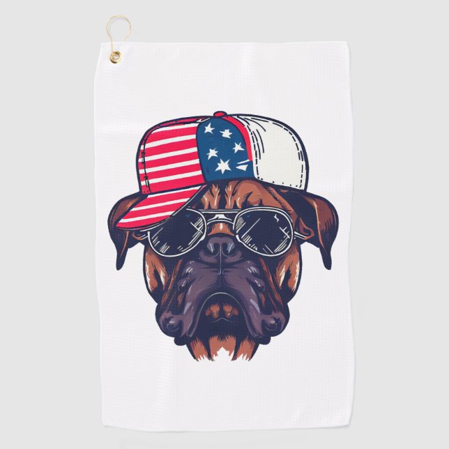 Boxer Dog Wearing White Red Blue Golf Towel (Front)
