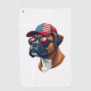 Boxer Dog Wearing White Red Blue Golf Towel