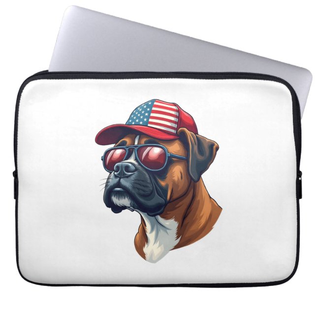 Boxer Dog Wearing White Red Blue Laptop Sleeve (Front)