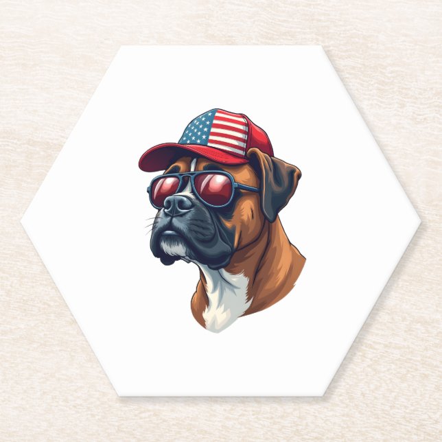 Boxer Dog Wearing White Red Blue Paper Coaster (Front)