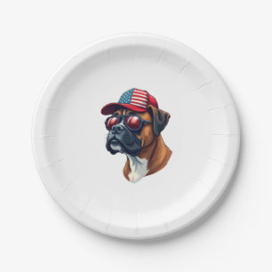 Boxer Dog Wearing White Red Blue Paper Plate