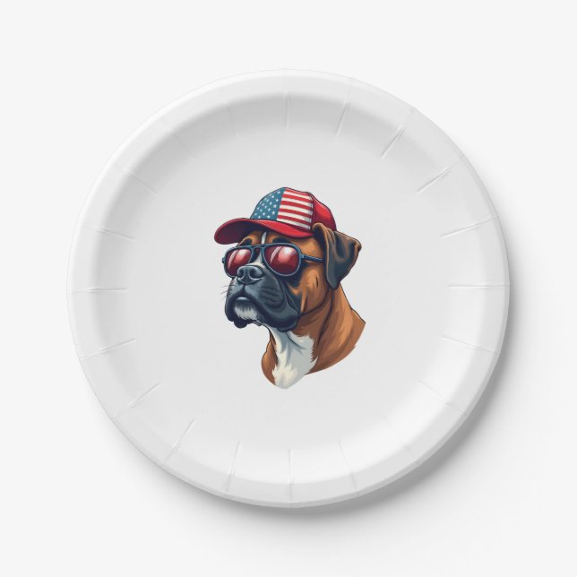 Boxer Dog Wearing White Red Blue Paper Plate (Front)