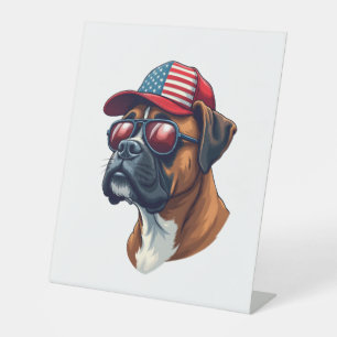 Boxer Dog Wearing White Red Blue Pedestal Sign