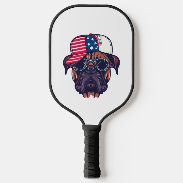 Boxer Dog Wearing White Red Blue Pickleball Paddle (Front)